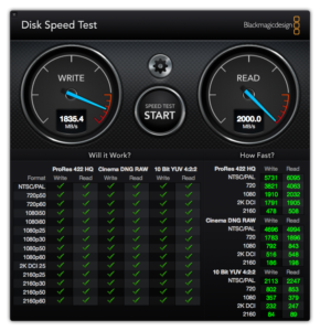 13" MBP Disk Speed Test (1835 MB/s write, 2000 MB/s read)