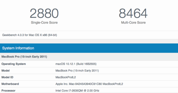 2011 15" MBP Geekbench (2880 single, 8464 multi)