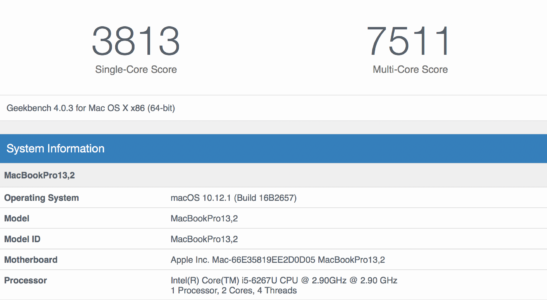 13" MacBook Pro Geekbench (3813 single, 7511 multi)