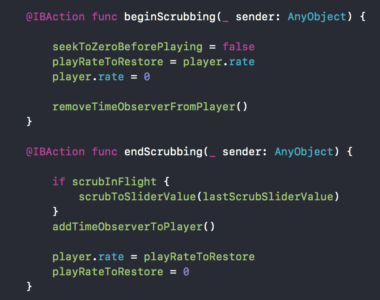 Screenshot of beginScrubbing and endScrubbiing functions